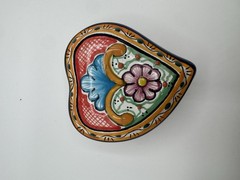 Talavera Pottery Heart Shaped Blue & White Flowers Trinket Box Hand painted