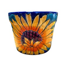 Mexican Sunflower Flower Pot Planter Folk Art Pottery Handmade Talavera Small