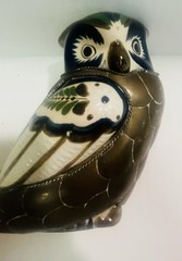 Vintage Tonala Style Mexican Pottery With Armour Brass Scale Owl Figurine