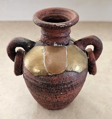 Vintage Mexican Terracotta Pottery Vase, Brass Copper Overlay Loop Handles, 5.5″