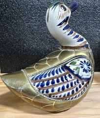Vintage Pottery Brass Duck Sculpture Unsigned Folk Art Southwestern Homestead
