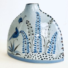 Ceramic Vase 8″ Bird Butterfly Flowers MCM Blue Mid-Century Mexican Garden Art