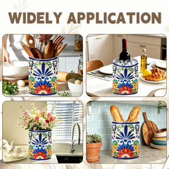 Mexican Tiles Kitchen Utensil Holder, Mexica Theme Talavera Large Ceramic Utensi