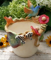 Cream Color Flower Pot Hummingbird Nest Butterflies Handmade Tonala Mexican Art