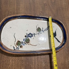 Vtg Tonala Mexican Pottery Platter Large Oval Hand Painted Bird Floral Blue Rim