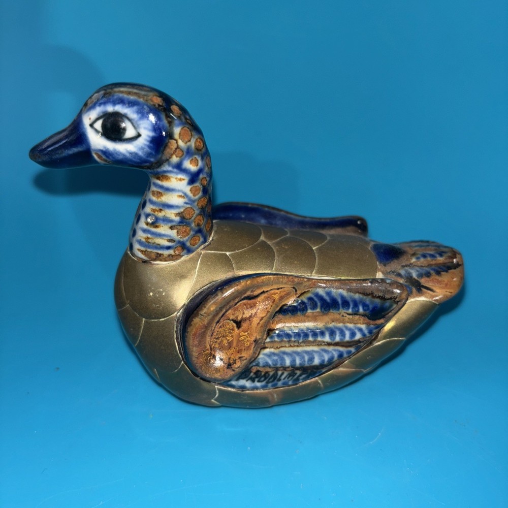 Vintage Mexican Tonala Pottery Folk Art Armored Brass Duck Bird Figurine 4.5”