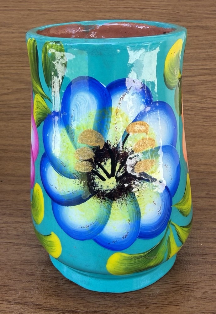 Hand-Painted Mexican Folk Art Vase – Turquoise Floral – Textured Ceramic Decor