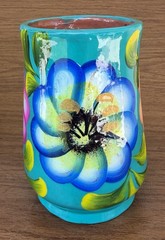 Hand-Painted Mexican Folk Art Vase – Turquoise Floral – Textured Ceramic Decor