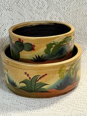 2 Vintage Mexican Folk Handmade Hand painted Pottery Planters w/Drain Hole FaB!