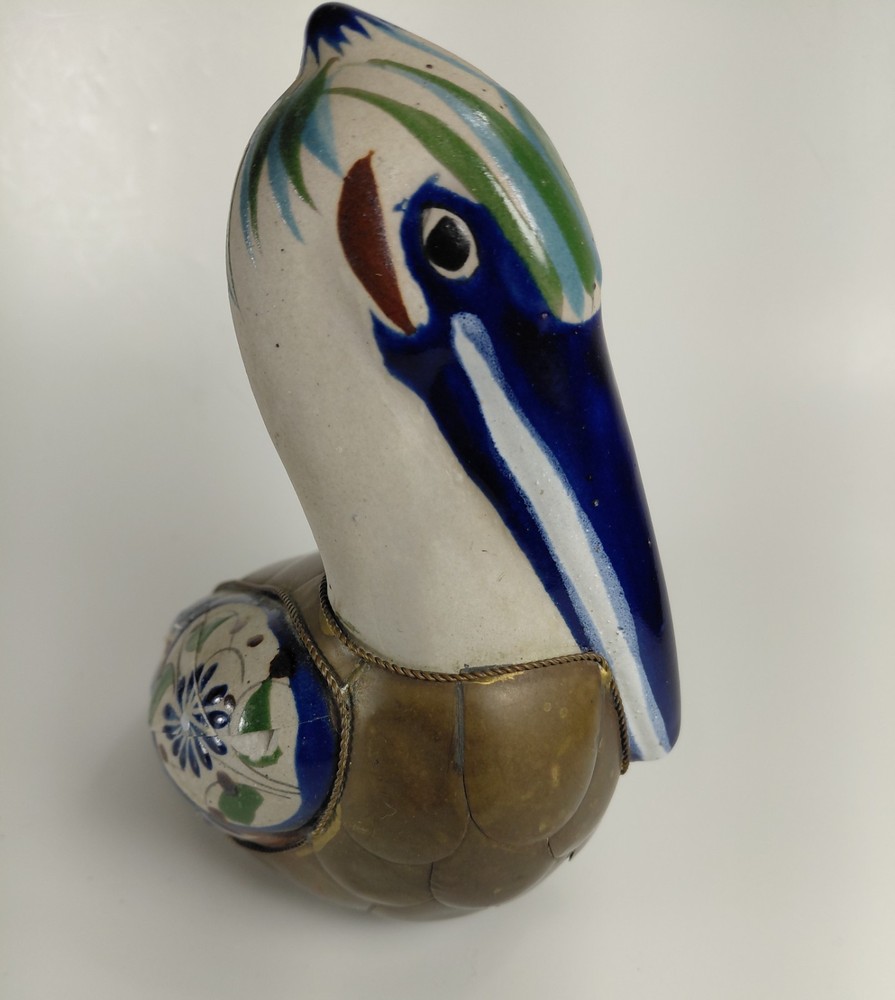 Tonola Mexican Pelican Pottery By Sergio Bustamante Ceramic With Brass Overlay