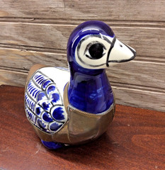 Mexican Tonala Ceramic And Brass Pottery Duck Decor Cobalt Blue Vintage 6″ x 5″