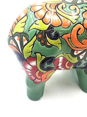 Mexican Folk Art Talavera Pig Pottery Figure Hand Painted Green Multi Color 13×9