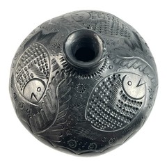 Vintage Oaxaca Barro Negro Pottery Vase, Hand Carved Black Clay Fish & Leaf Desi
