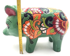Mexican Folk Art Talavera Pig Pottery Figure Hand Painted Green Multi Color 13×9