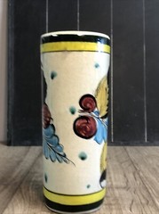 Mexico Tonala Pottery Cylinder Vase Flowers Floral Yellow Blue Green Art D8