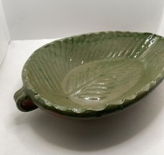 Pottery Leaf Shape Bowl Green Brown Mexican Ware Vintage