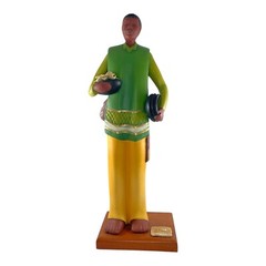 Vtg Mexican Folk Art Clay Statue Green Yellow Traditional Dress Peace Lily
