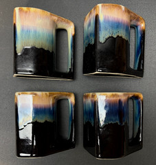 Rodolfo Padilla Coffee Mugs Signed Black Drip Glaze Stoneware 4 Cups & Stand