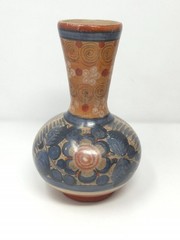 Vintage Barro Bruñido/Burnished Tonala Pottery Vase, Blue Floral on Red Clay