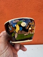 Vintage Mexican Tlaquepaque black cup w/white donkey 3 1/2″ diam.