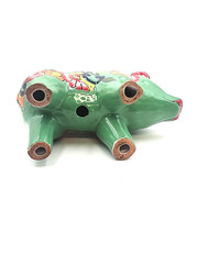 Mexican Folk Art Talavera Pig Pottery Figure Hand Painted Green Multi Color 13×9