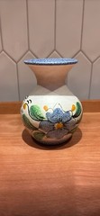 Vintage Tonala Mexican Folk Art Pottery Vase Hand-Painted Floral Blue and Green
