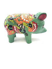Mexican Folk Art Talavera Pig Pottery Figure Hand Painted Green Multi Color 13×9