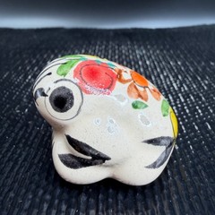 Mexican Folk Art Pottery Frog Figurine Hand Painted Floral Ceramic Tonala 1.5″