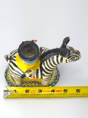 Vintage Mexican Folk Art Candle Holder Handmade Zebra Birds Clay Pottery Large