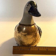 Vtg Tonala Mexico Pottery Duck Figurine Armored Brass Scales Hand Painted 5.5″ H