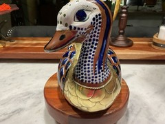 VTG Hand-Painted Tonala Mexican Pottery & Brass Duck Figurine