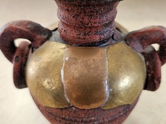 Vintage Mexican Terracotta Pottery Vase, Brass Copper Overlay Loop Handles, 5.5″