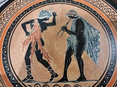 Vintage Red Clay Pottery Plate 13″W Hand-painted Music & Dance Made in Greece