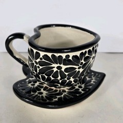 Talavera Pottery Coffee Set Mexican Art Black And Cream 3 X 4 Inches