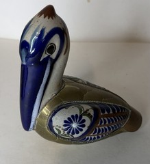 Vintage Tonala Ceramic and Brass Pelican Figurine w/ Small Shelf Bird Bundle