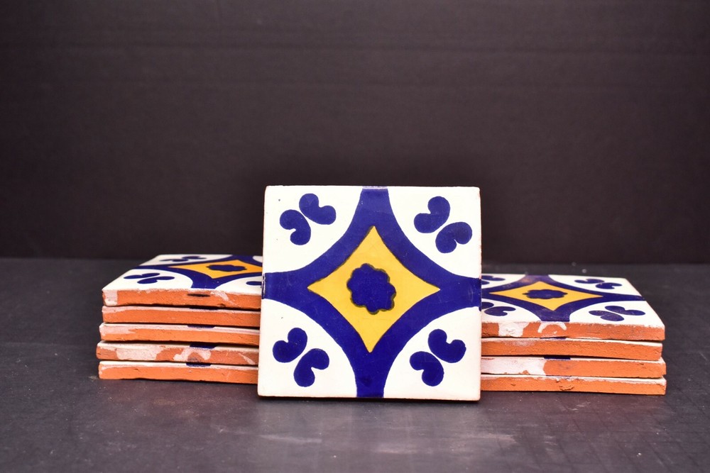 SET 10 Talavera Pottery 4″ tile Mexico Classic cobalt blue yellow mediterranean