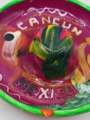 VTG Red Clay Pottery Hat Shape Ashtray Purple Green Cancun Mexico Sombrero 4″D