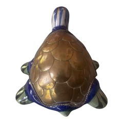 Vintage Tonala Mexican Pottery Turtle Decoration Brass Copper Shell 1960s Unique