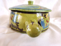 Vtg Mexican Talavera Handled Lidded Bowl Pottery Redware Floral Green