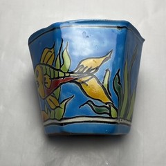 Mexican Folk Art Pottery Octagon Planter 3.75″ Ocean Fish Pattern Plant Pot