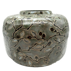 Studio Art Pottery Green Stoneware Tree Branch Leaves Centerpiece Vase Signed