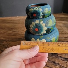 Mexico souvenir pottery hand painted blue set Of 3 tiny Collect Flower Pot Red C