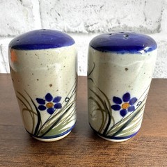 Vintage Mexican Pottery Salt & Pepper Shakers Blue & Grey Floral Plastic Corks