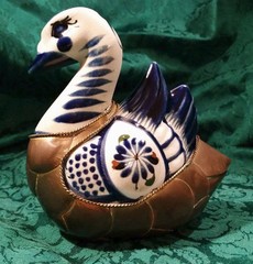Vintage Mexican Tonala Ceramic Pottery Metal Brass Hand Painted Swan Duck Bird