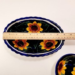 Set of 2 Mexican Pottery Signed Yellow Sunflower Bowls Cobalt Blue Oval & Round