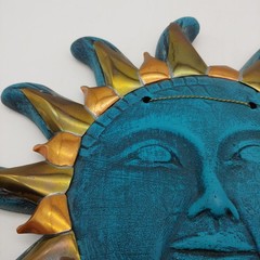 Mexican Folk Art Sun Face Wall Hanging – 12″ Turquoise Blue Copper Brass Metal