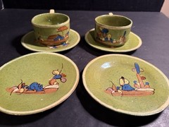 Lot Vintage 1940s Green Mexican Tlaquepaque Tonala Cups Saucer Plates Redware
