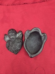Vintage Oaxaca Mexican Carved Black Clay Pottery Lidded Box Heart Shape Angel