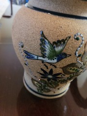 Tonala Stoneware Pottery Vase Bird Floral Design Mexico Hand Painted Signed