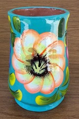 Hand-Painted Mexican Folk Art Vase – Turquoise Floral – Textured Ceramic Decor